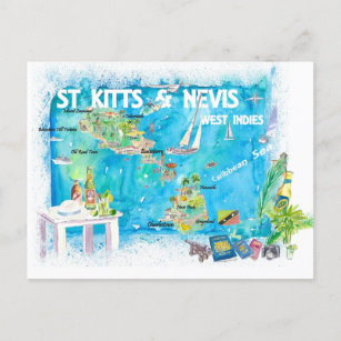 St Kitts Nevis Antilles Illustrated Map Postcard