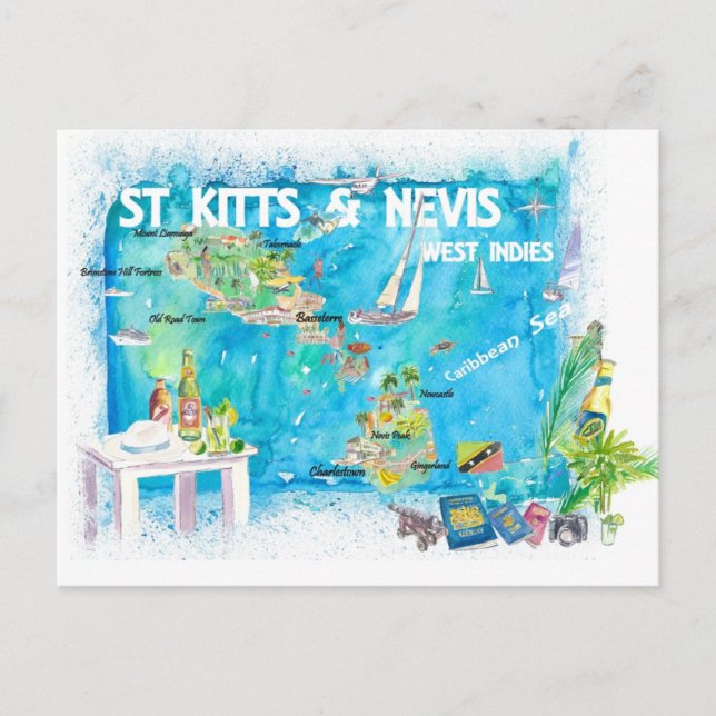 St Kitts Nevis Antilles Illustrated Map Postcard (Front)