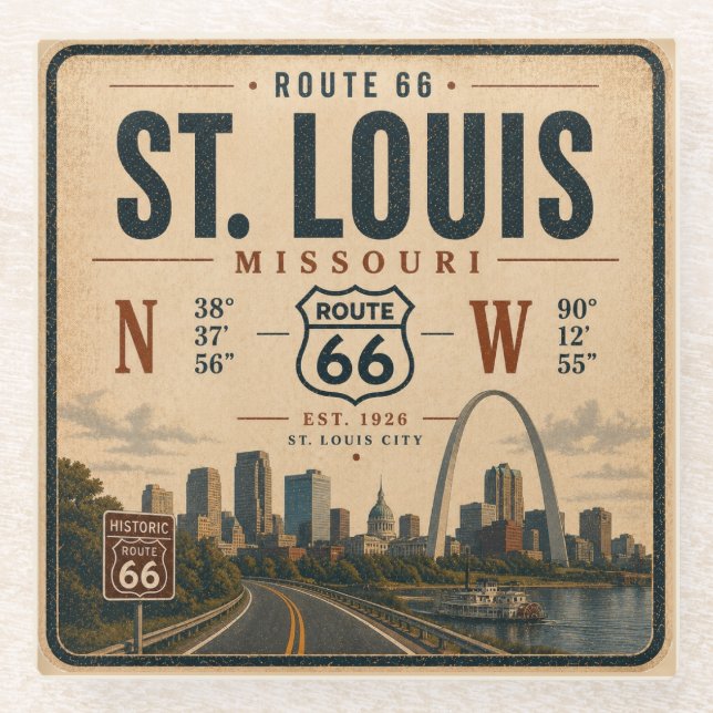 St Louis Route 66 Arch Coordinates Glass Barware Coaster (Front)