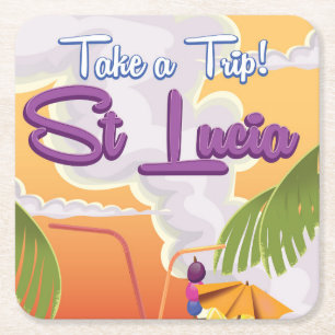 St Lucia Cartoon travel poster. Square Paper Coaster