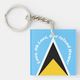 St Lucia Flag Blue Yellow Anthem Phrase Typography Keychain