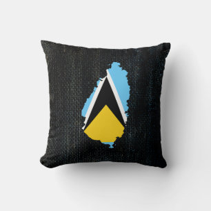 St Lucia Map Flag Burlap designed Throw Pillow