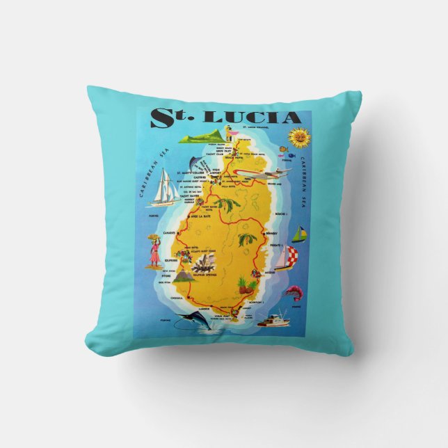 St Lucia Map Postcard  Throw Pillow (Front)