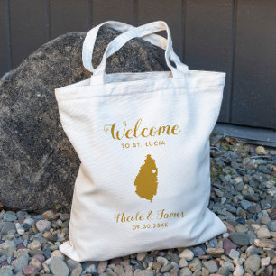 St. Lucia Map Wedding Welcome Tote Bag, Gold Bag