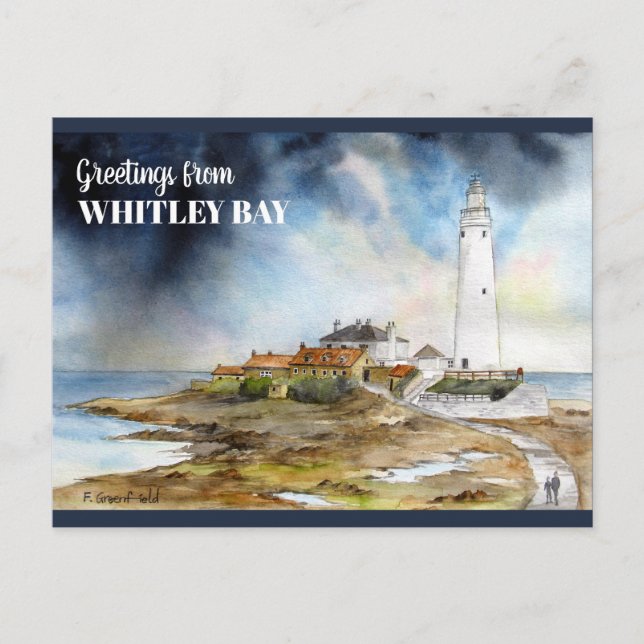 St Mary Lighthouse in Whitley Bay Watercolor Postcard (Front)