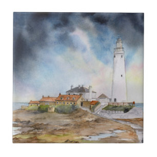 St Mary Lighthouse Whitley Bay Watercolour Tile