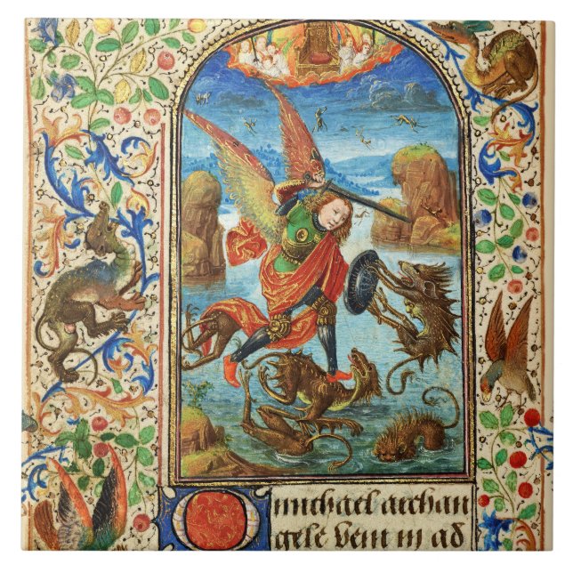 ST. MICHAEL ARCHANGEL AND DRAGON Flemish Miniature Tile (Front)