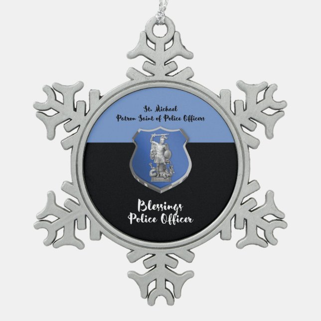 St. Michael Blessings to New Police Officer Snowflake Pewter Christmas Ornament (Front)