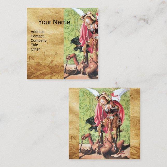 ST. MICHAEL ,DRAGON AND JUSTICE, Brown Parchment B Square Business Card (Front/Back)