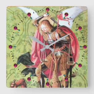 ST. MICHAEL ,DRAGON AND JUSTICE Green Pink Square Wall Clock