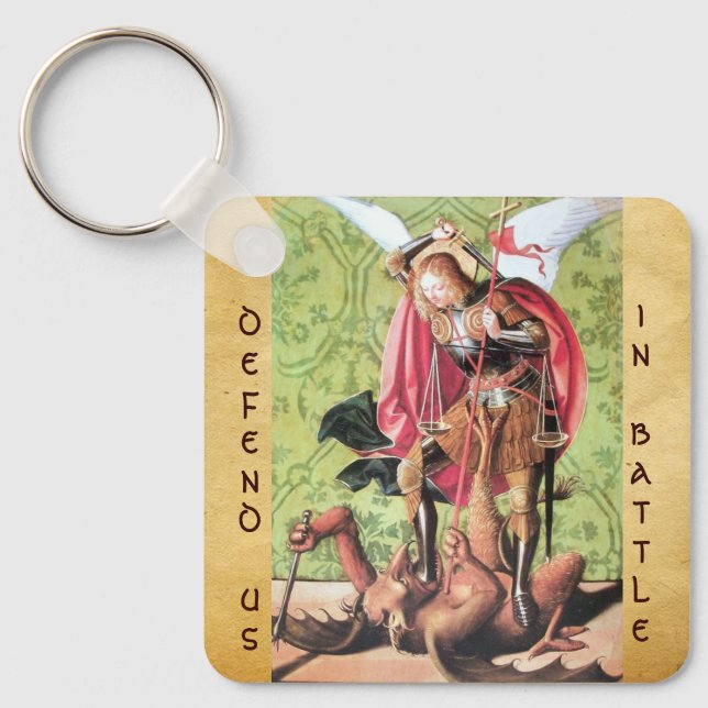 ST. MICHAEL,DRAGON AND JUSTICE,Green Red Brown Keychain (Front)