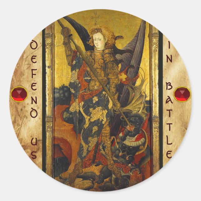 St. Michael Vanquishing Devil as Medieval Knight Classic Round Sticker (Front)