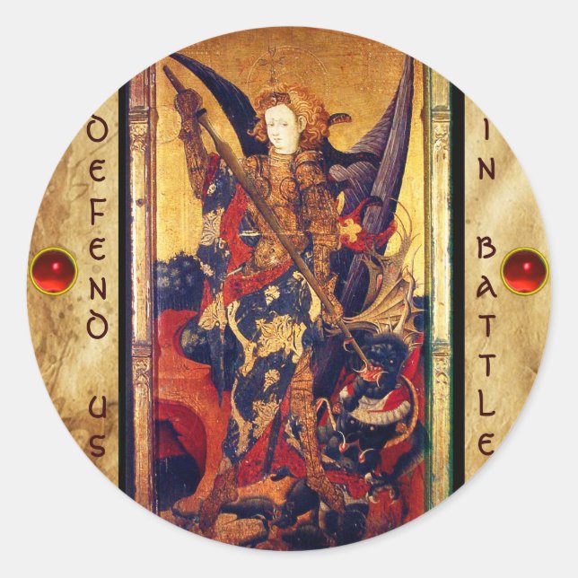 St. Michael Vanquishing Devil as Medieval Knight Classic Round Sticker (Front)