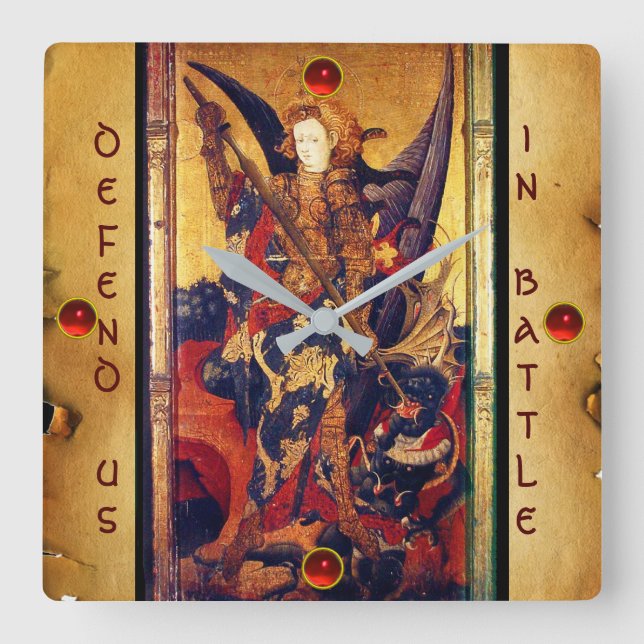 St. Michael Vanquishing Devil as Medieval Knight Square Wall Clock (Front)