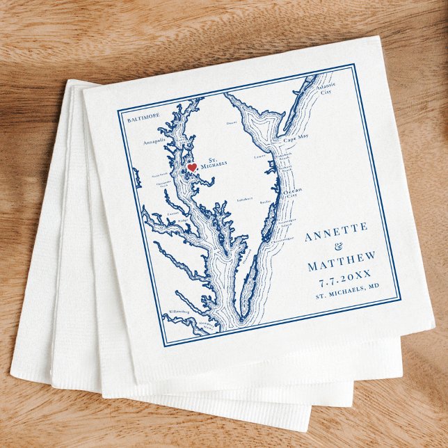 St. Michaels MD Map Elegant Navy Blue Wedding Napkin (St Michaels Maryland Map Wedding Napkins for an elegant navy blue Saint Michaels Wedding )