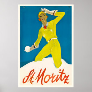 St Moritz Switzerland Vintage Ski Poster - Framed