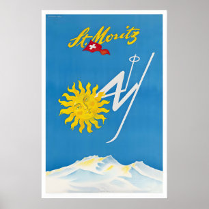 St. Moritz Switzerland Vintage Ski Poster - Framed