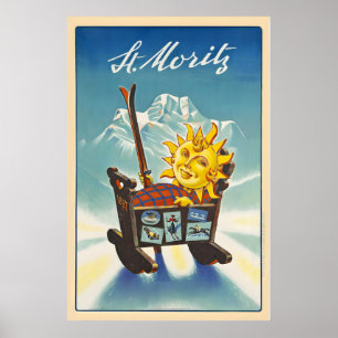 St. Moritz Switzerland Vintage Ski Poster - Framed