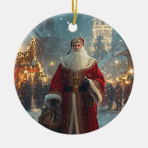 St. Nicholas in a Festive Snowy Village Ceramic Ornament