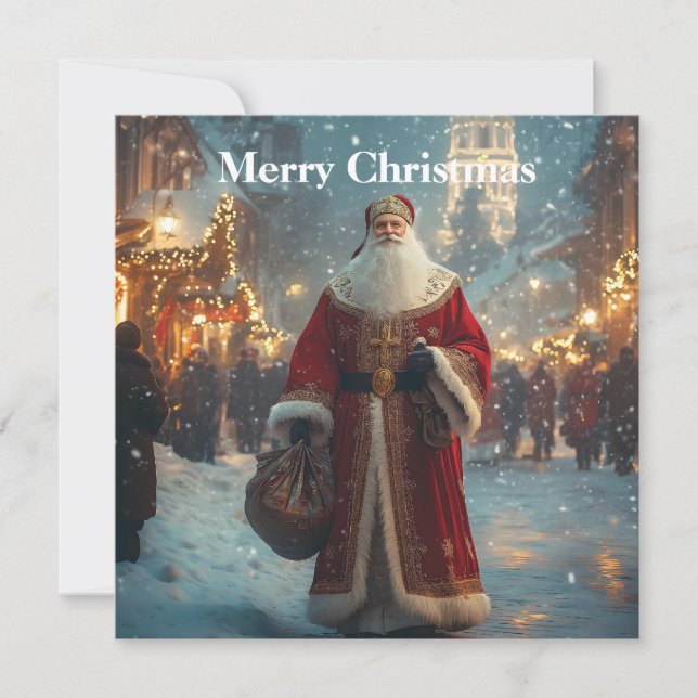 St. Nicholas in a Festive Snowy Village  Holiday Card (Front)