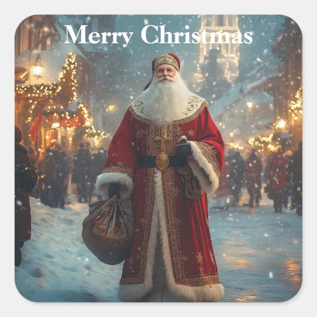 St. Nicholas in a Festive Snowy Village  Square Sticker (Front)