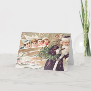 St. Nicholas with Tree and Children Vintage Holiday Card