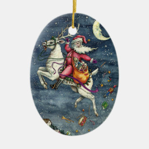 ST. NICK, FLYING WHITE REINDEER, CHRISTMAS MAGIC CERAMIC ORNAMENT