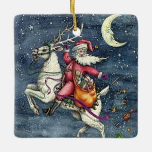 ST. NICK, FLYING WHITE REINDEER, CHRISTMAS MAGIC  CERAMIC ORNAMENT