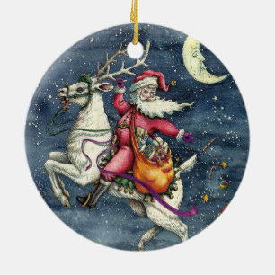 ST. NICK, FLYING WHITE REINDEER, CHRISTMAS MAGIC CERAMIC ORNAMENT