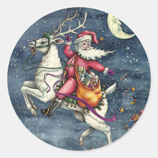 ST. NICK, FLYING WHITE REINDEER, CHRISTMAS MAGIC CLASSIC ROUND STICKER (Front)