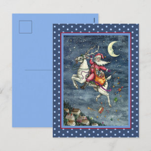 ST. NICK, FLYING WHITE REINDEER, CHRISTMAS MAGIC HOLIDAY POSTCARD