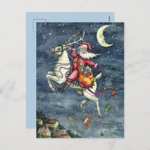 ST. NICK, FLYING WHITE REINDEER, CHRISTMAS MAGIC HOLIDAY POSTCARD