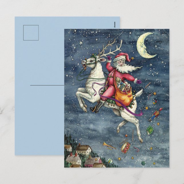 ST. NICK, FLYING WHITE REINDEER, CHRISTMAS MAGIC HOLIDAY POSTCARD (Front/Back)