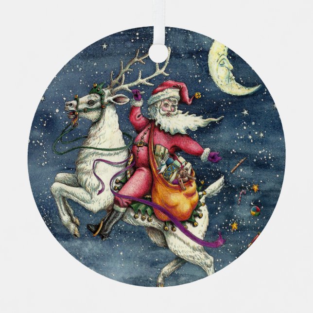 ST. NICK, FLYING WHITE REINDEER, CHRISTMAS MAGIC METAL ORNAMENT (Front)