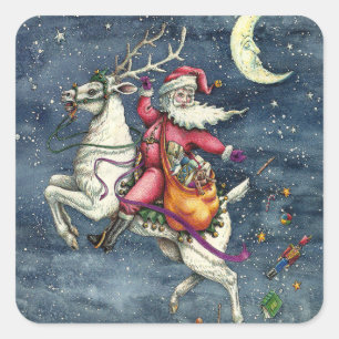 ST. NICK, FLYING WHITE REINDEER, CHRISTMAS MAGIC SQUARE STICKER