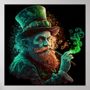 St Paddies' Day Leprechaun Smoking a Pipe Ai Art Poster