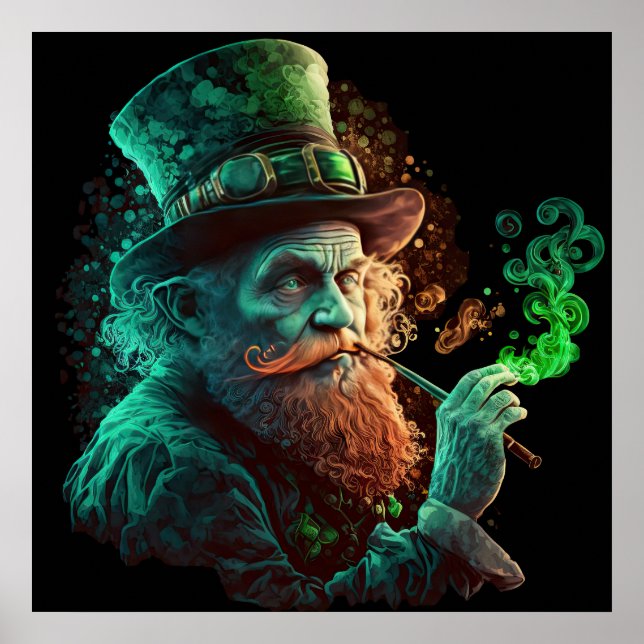St Paddies' Day Leprechaun Smoking a Pipe Ai Art Poster (Front)