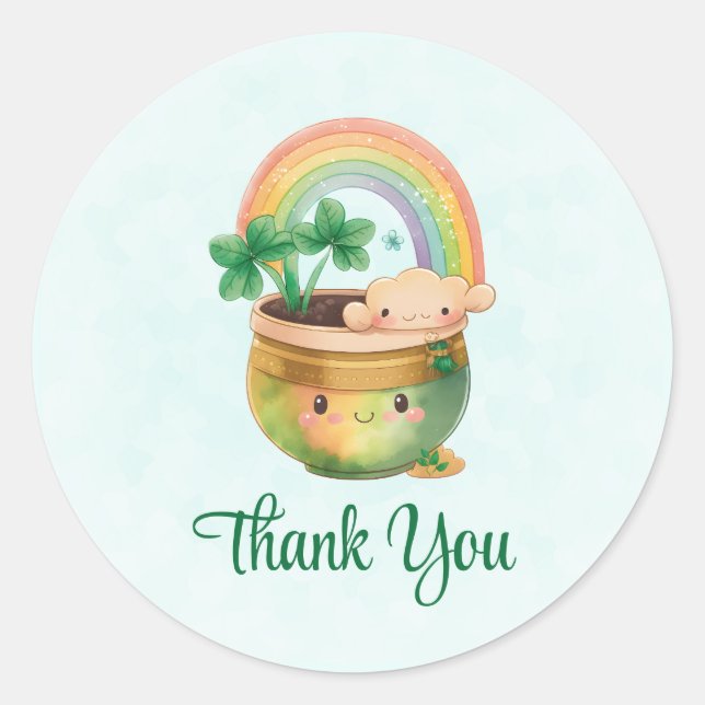 St. Paddy's Day Cute Rainbow & Clover Thank You Classic Round Sticker (Front)