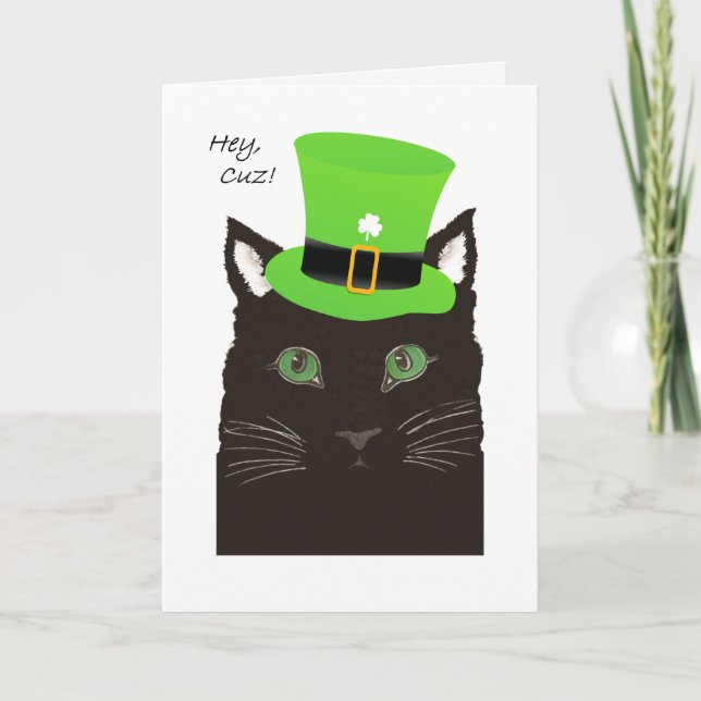 St Paddy's Day, for Cousin, Cuz, Cat wears Hat Card (Front)