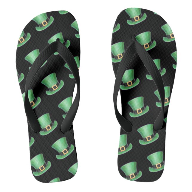 St Paddy's Day Green Top Hat Pattern on Black Flip Flops (Footbed)