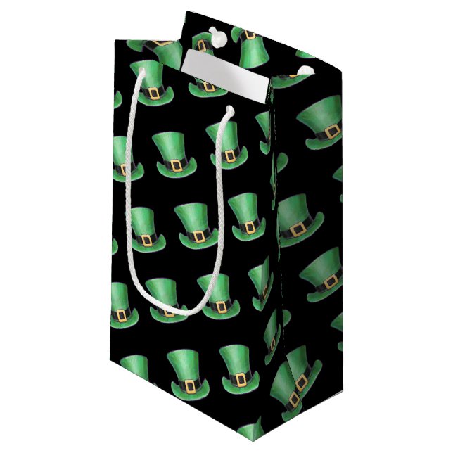 St Paddy's Day Green Top Hat Pattern on Black Small Gift Bag (Front Angled)
