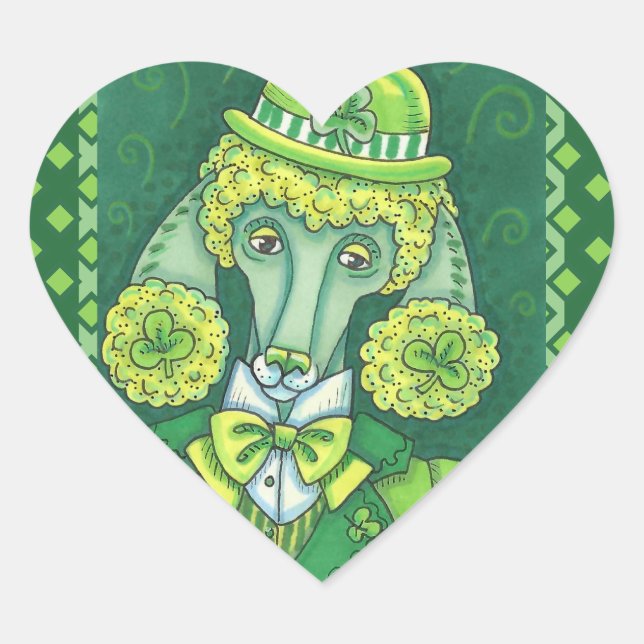ST. PADDY'S IRISH GREEN FRENCH POODLE, LUCKY DOG HEART STICKER (Front)