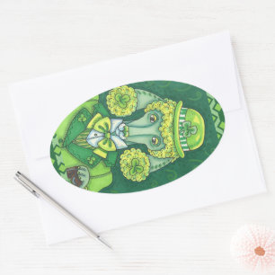 ST. PADDY'S IRISH GREEN FRENCH POODLE, LUCKY DOG OVAL STICKER