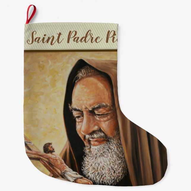 St. Padre Pio with Crucifix Large Christmas Stocking (Front)