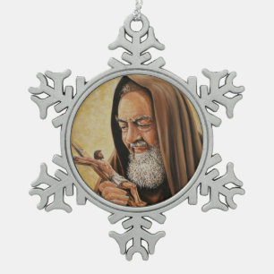 St. Padre Pio with Crucifix Snowflake Pewter Christmas Ornament