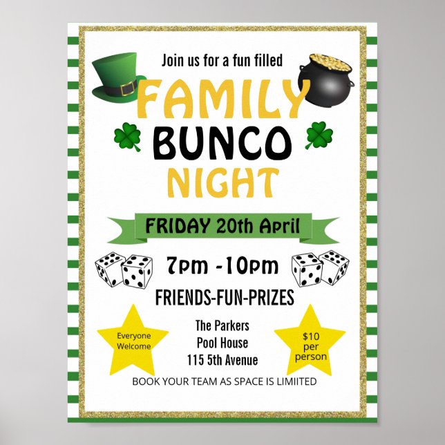 st Patrick bunco night, bunco party PTA event PTO Poster (Front)