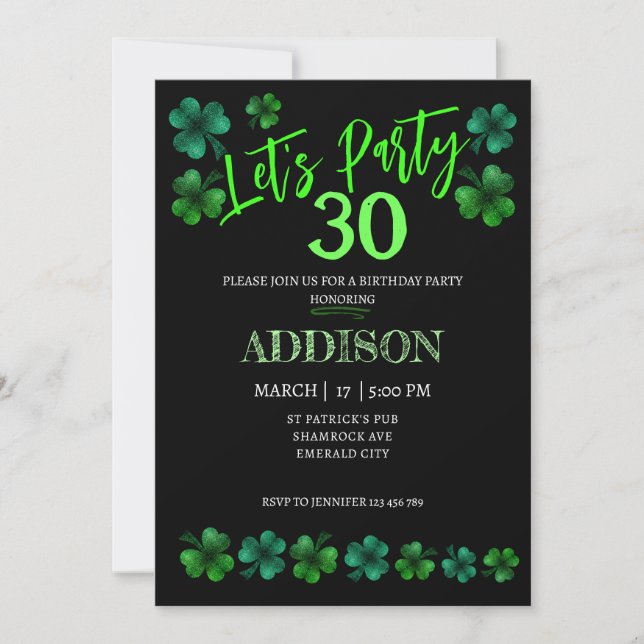 St Patrick Day Birthday Lets party shamrock adult Invitation (Front)
