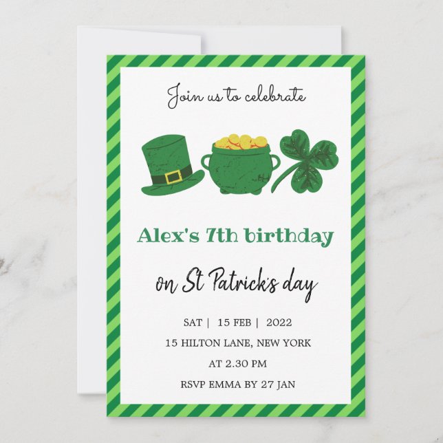St Patrick Day Birthday Shamrock Green Invitation (Front)