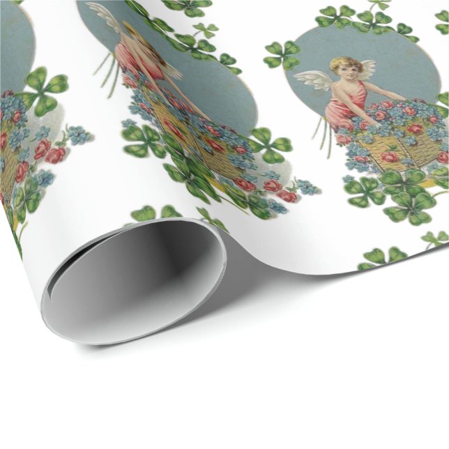 St. Patrick Day Irish Angels Shamrocks Flowers Wrapping Paper (Roll Corner)