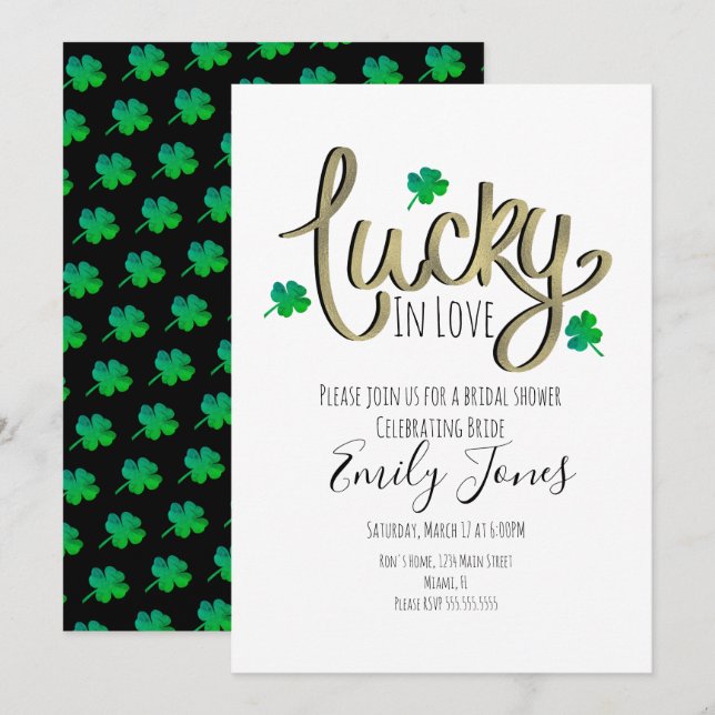 St Patrick Day Lucky In Love Gold Bridal Shower   Invitation (Front/Back)